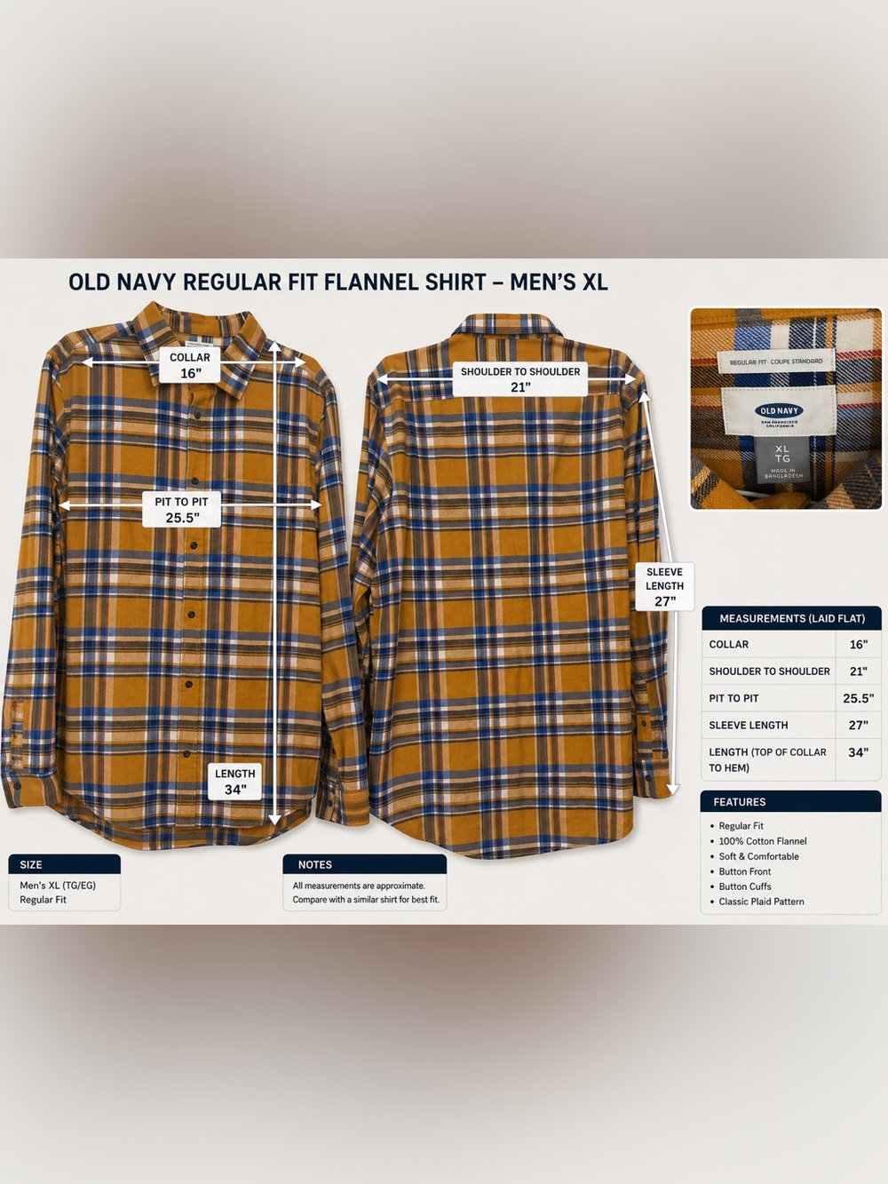 Old Navy Regular Fit Plaid Flannel Shirt Men’s XL